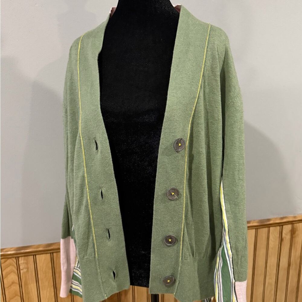Zaket & Plover Stripe Trim Mixed Media Cardigan Green Large Cotton Silk Blend - Picture 7 of 8